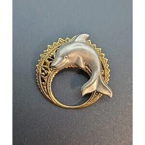 Vintage Dolphin Brooch Silver Tone Jumping Through Gold Filigree Hoop